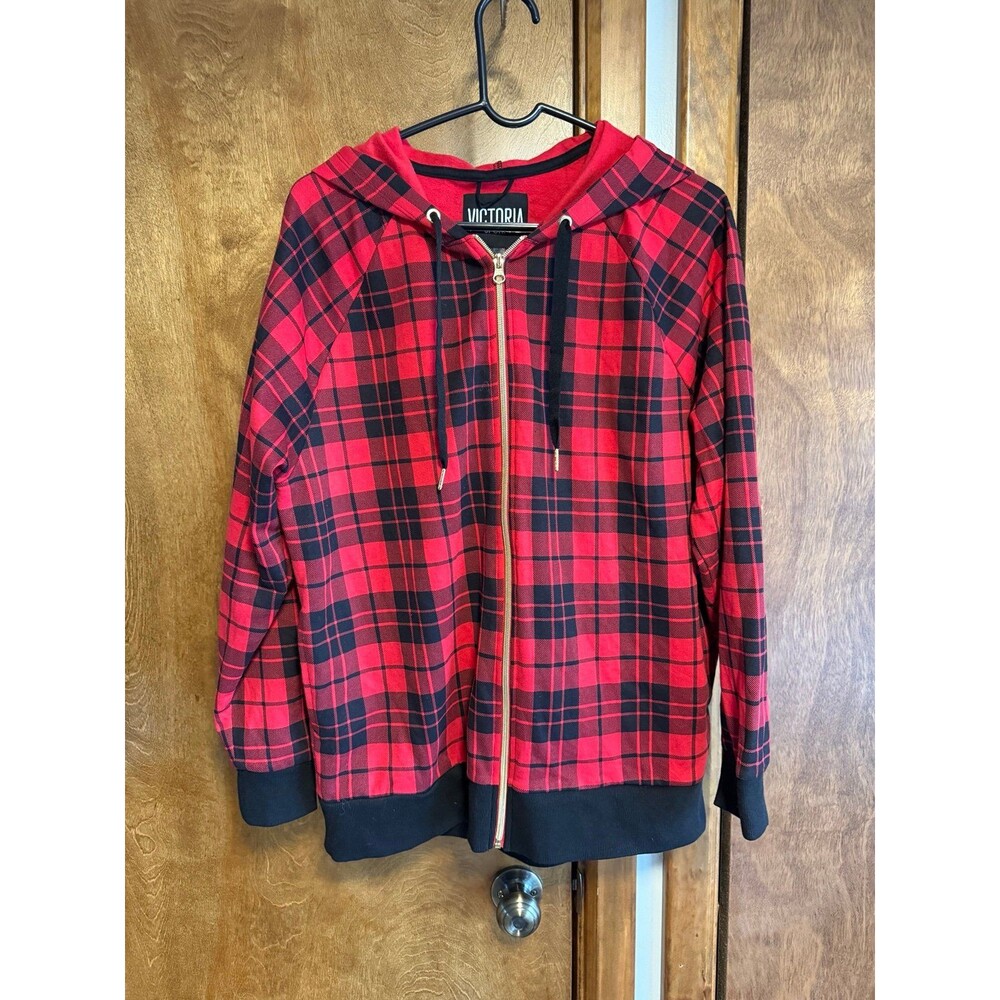 Victoria Sport by Victorias Secret Plaid Zip Up Hoodie Sz. M NWT Red & Black